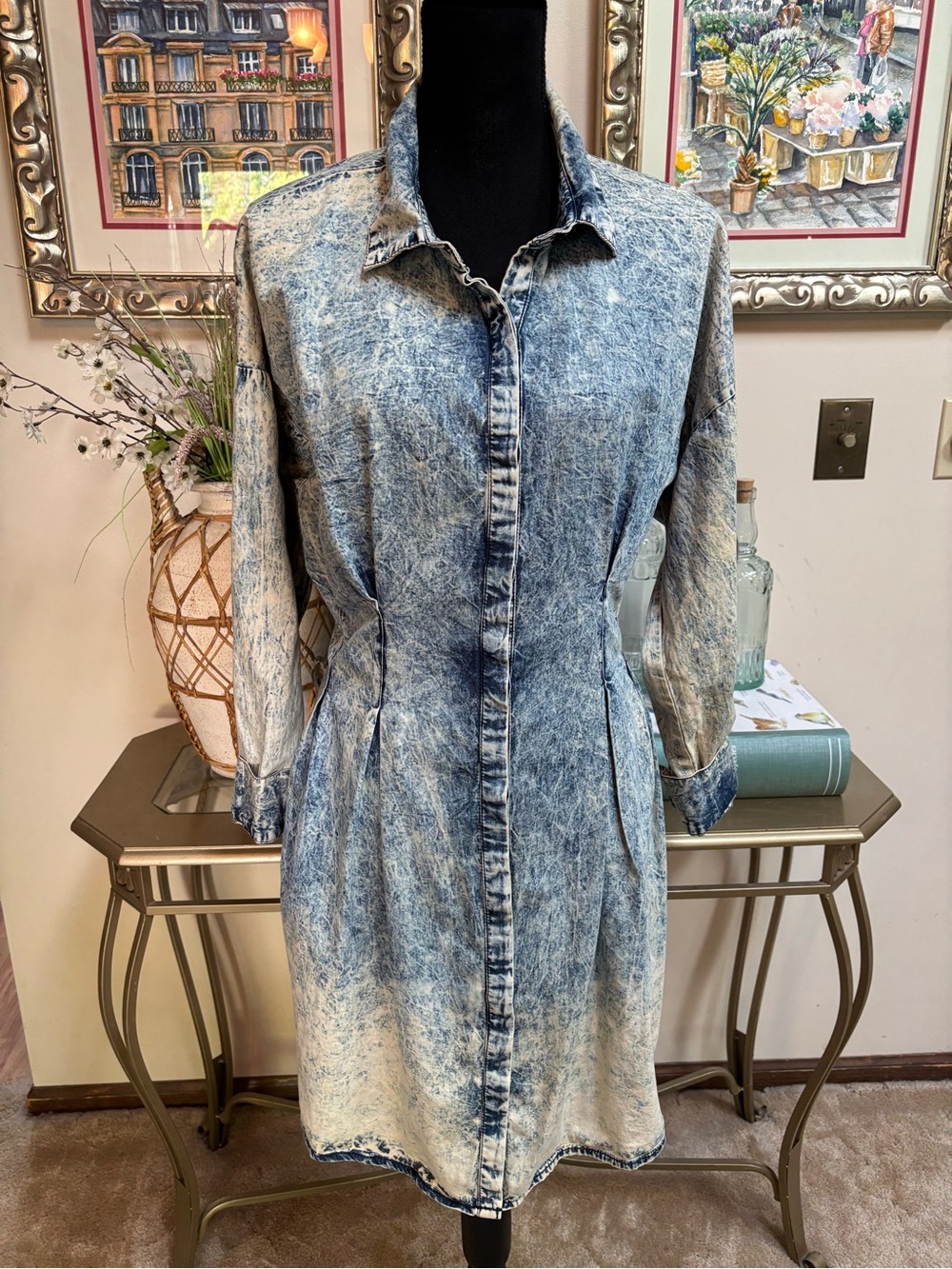 THRILL JEANS Acid-Wash Casual Denim Shirt Dress Blue Ombre Vintage Retro Sz XL - Picture 3 of 9
